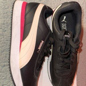Puma Black and Cream Athletic Shoes with Pink Accent